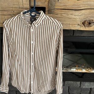 H&M Men's White and Brown Striped Casual Shirt